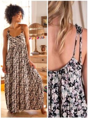 Natural Life Floral Boho Tied Drawstring Tiered Black Green Pink Maxi Dress, M